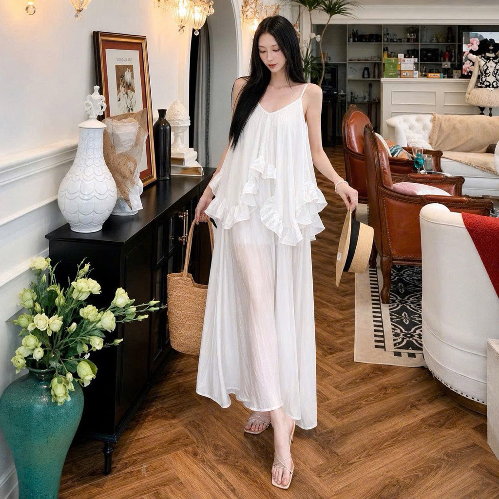 Đầm maxi đi biển chất vải voan váy maxi dáng dài tiểu thư