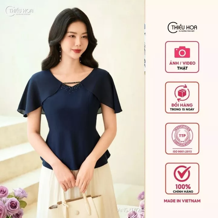 Áo kiểu trung niên vải lụa cao cấp dáng Peplum ôm nhẹ phần eo thương hiệu Thiều Hoa AN5X0721