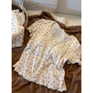 Set Mặc Nhà Trẻ Trung JOIE TRENDY - Đồ Bộ Thun Lỗ Họa Tiết Cherry Viền Bèo Ngọt Ngào Cực Xinh