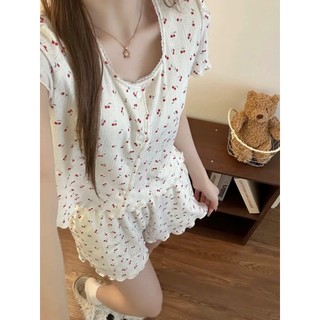 Set Mặc Nhà Trẻ Trung JOIE TRENDY - Đồ Bộ Thun Lỗ Họa Tiết Cherry Viền Bèo Ngọt Ngào Cực Xinh