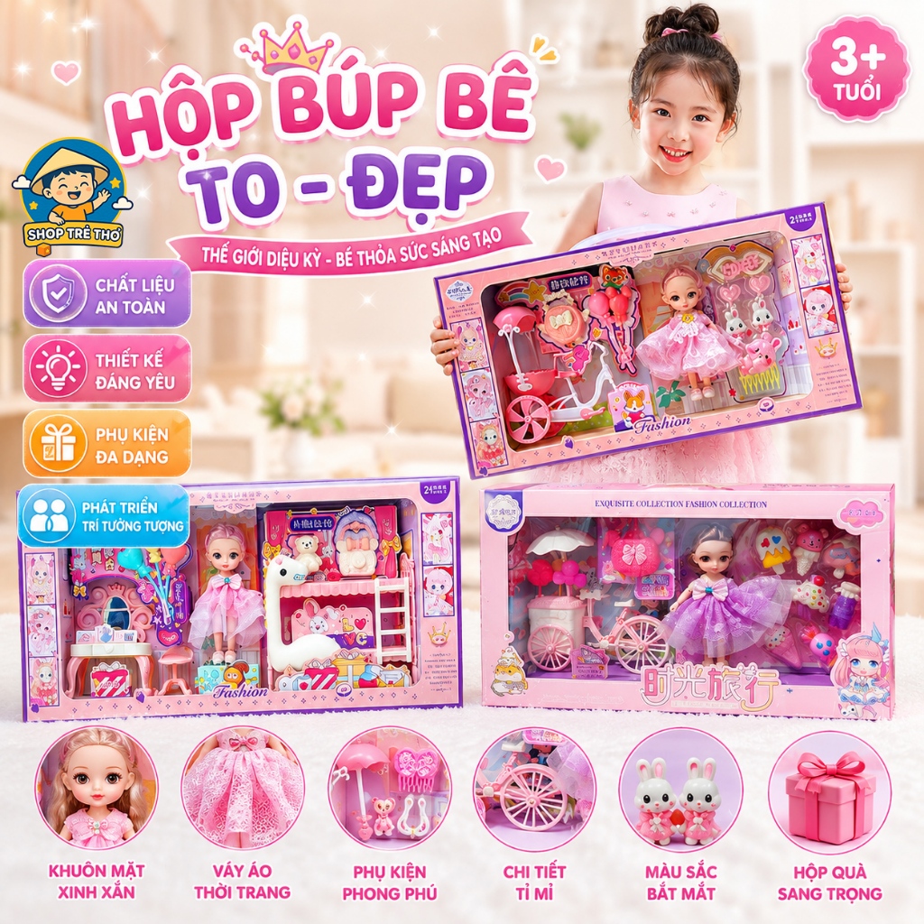 Đồ Chơi Búp Bê Chibi, Búp bê Elsa Công Chúa Kèm Phụ Kiện Hộp To Đẹp, Quà Tặng Ý Nghĩa Cho Bé