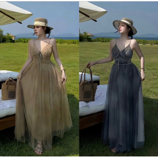 ĐẦM VÁY HAI DÂY DÁNG MAXI CHIẾT EO NỮ 2 MÀU NAU XANH LK1