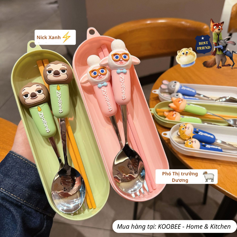 Bộ Thìa Dĩa Zootopia Inox 304 Cho Bé – Tay Cầm Silicon 3D Hoạt Hình, Đũa Hợp Kim Cao Cấp, Tháo Rời Dễ Vệ Sinh | 387