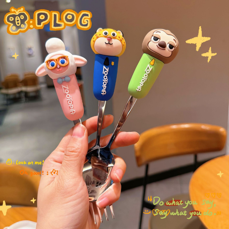 Bộ Thìa Dĩa Zootopia Inox 304 Cho Bé – Tay Cầm Silicon 3D Hoạt Hình, Đũa Hợp Kim Cao Cấp, Tháo Rời Dễ Vệ Sinh | 387