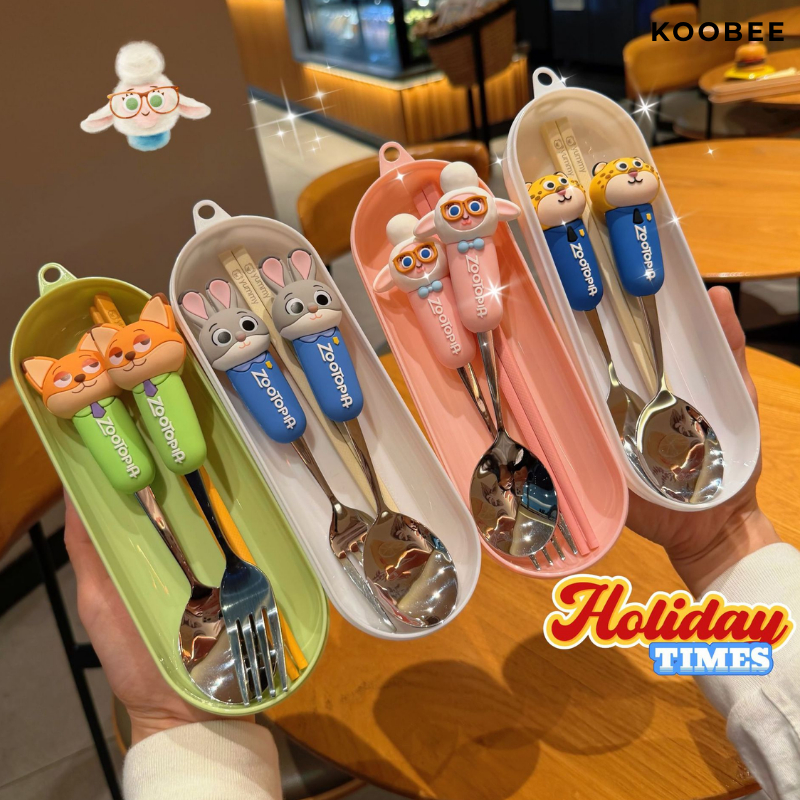 Bộ Thìa Dĩa Zootopia Inox 304 Cho Bé – Tay Cầm Silicon 3D Hoạt Hình, Đũa Hợp Kim Cao Cấp, Tháo Rời Dễ Vệ Sinh | 387