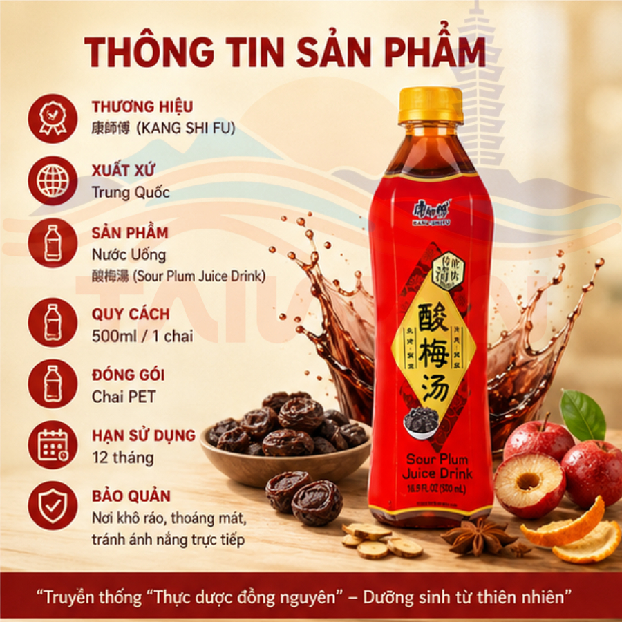 【Kang Shi Fu] Nước uống Ô mai chua 500ml thanh mát giải khát 15 chai/ Thùng