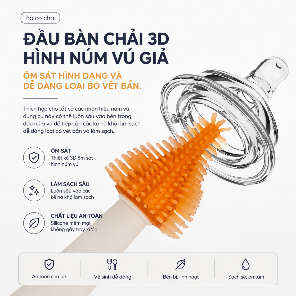 Cọ vệ sinh bình sữa, cọ chuyên dụng cho trẻ sơ sinh, bộ cọ vệ sinh bình sữa bằng silicon cầm tay.