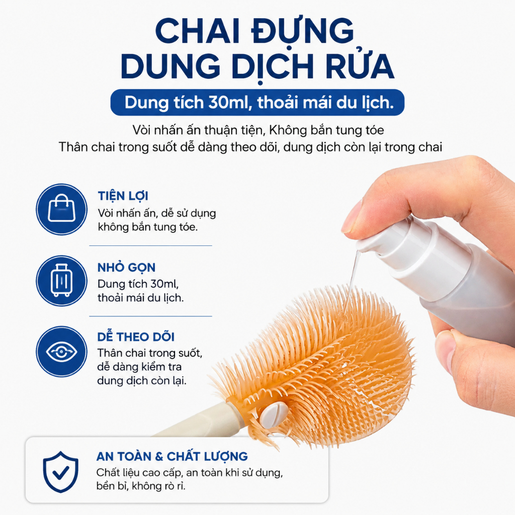 Cọ vệ sinh bình sữa, cọ chuyên dụng cho trẻ sơ sinh, bộ cọ vệ sinh bình sữa bằng silicon cầm tay.