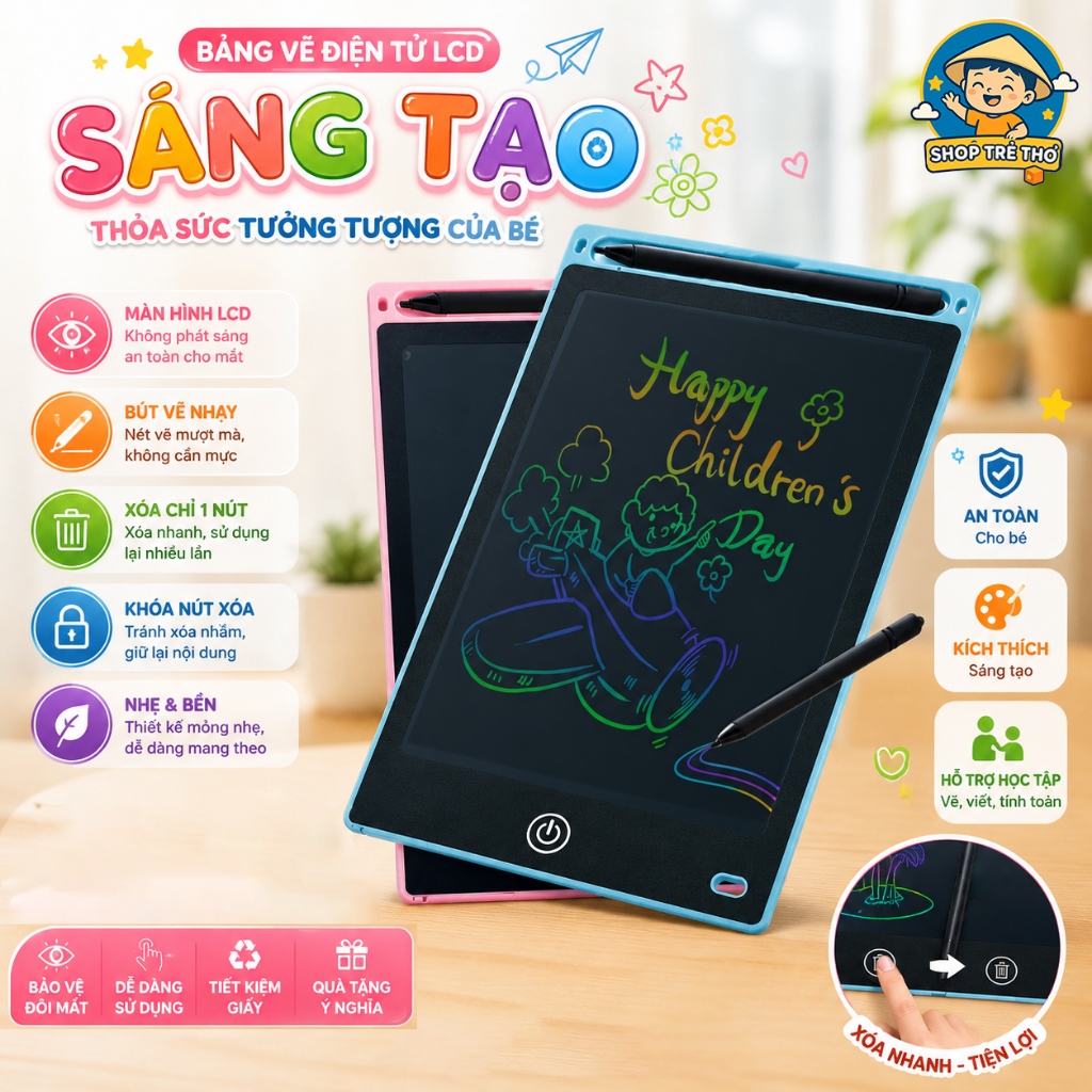 Bảng viết tự xóa LCD 12/16 inch, Bảng Vẽ Điện Tử Thông Minh Phát Triển Tư Duy Sáng Tạo Cho Bé