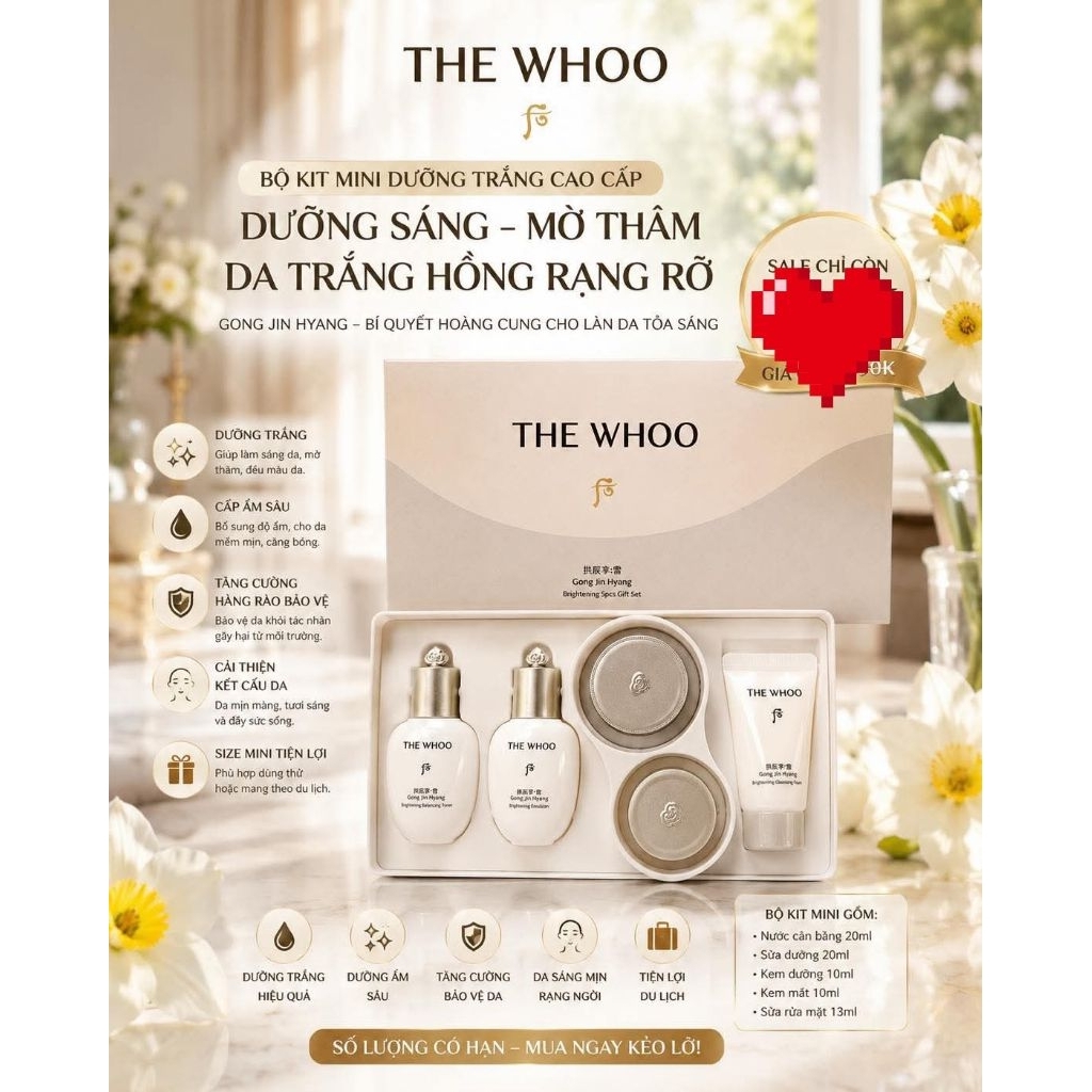 Set Whoo Radiant White 5 sản phẩm Set Whoo dưỡng trắng da và chống lão hóa, thâm sạm da,nám da