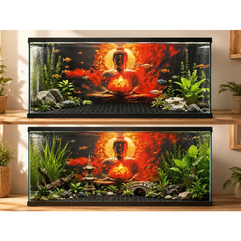 Tranh Dán Bể Cá 3D Phật Hoa Sen Đỏ Phong Thủy, Decal Phông Nền Hồ Cá Chống Nước, IN KTS CAO CẤP