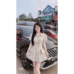 Váy chấm bi cổ sen họa tiết chiết eo nhẹ nhàng dáng xòe đi chơi du lịch dự tiệc tiêu thư sang trọng