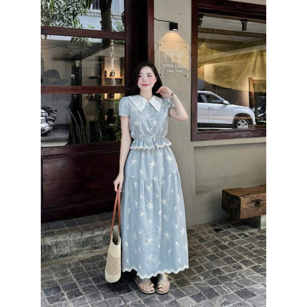 Set bộ sơ mi sọc cổ V phối chân váy dài