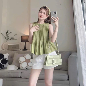 Set Áo babydoll cổ tròn xếp ly phồng to sát nách thoải mái
