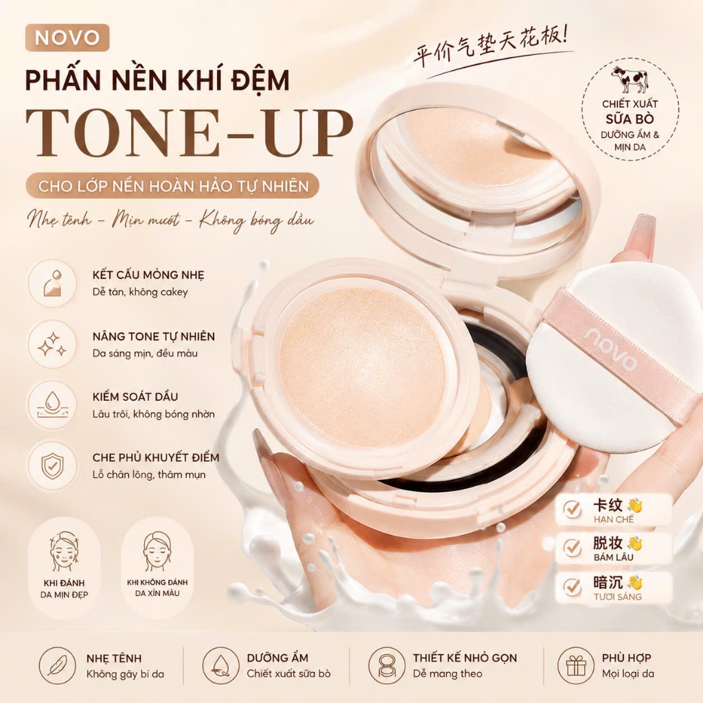 PHẤN NỀN KHÍ ĐỆM NOVO TONE-UP , Cho lớp nền căng bóng tự nhiên – Mịn đẹp suốt cả ngày 6469