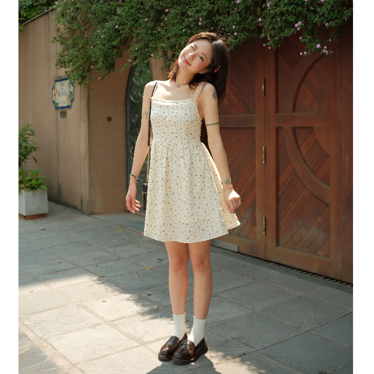 Váy 2 Dây Linen Hoa Nhí Chun Lưng Dáng Xòe Dễ Thương