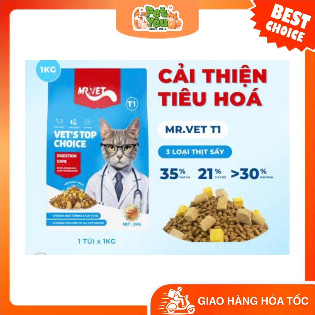 Thức Ăn Hạt Cho Mèo Mr.Vet 1kg Hạt Giàu Đạm, Hỗ Trợ Tiết Niệu Và Giúp Tiêu Búi Lông