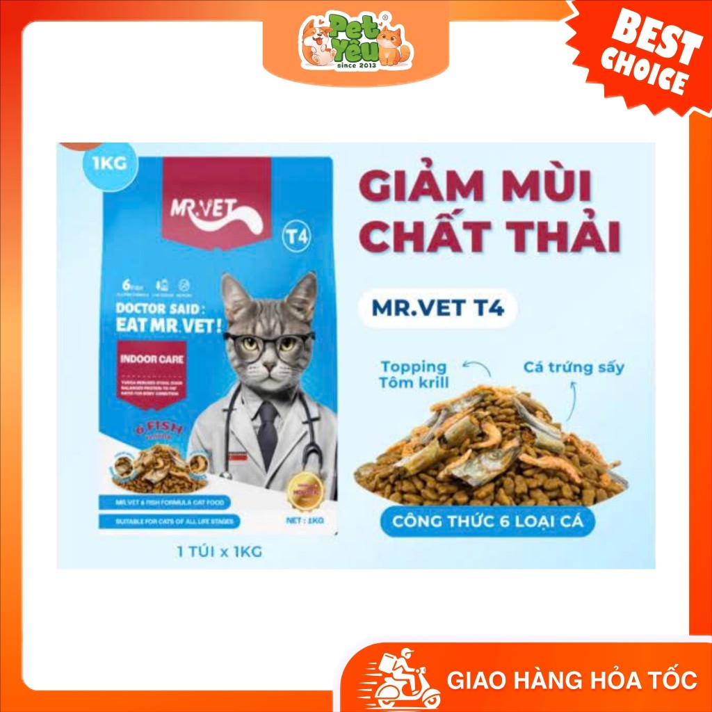 Thức Ăn Hạt Cho Mèo Mr.Vet 1kg Hạt Giàu Đạm, Hỗ Trợ Tiết Niệu Và Giúp Tiêu Búi Lông