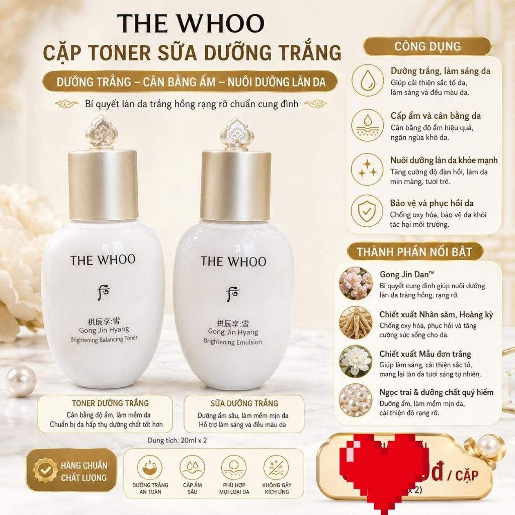 Cặp nước hoa hồng sữa dưỡng whoo trang da 20ml