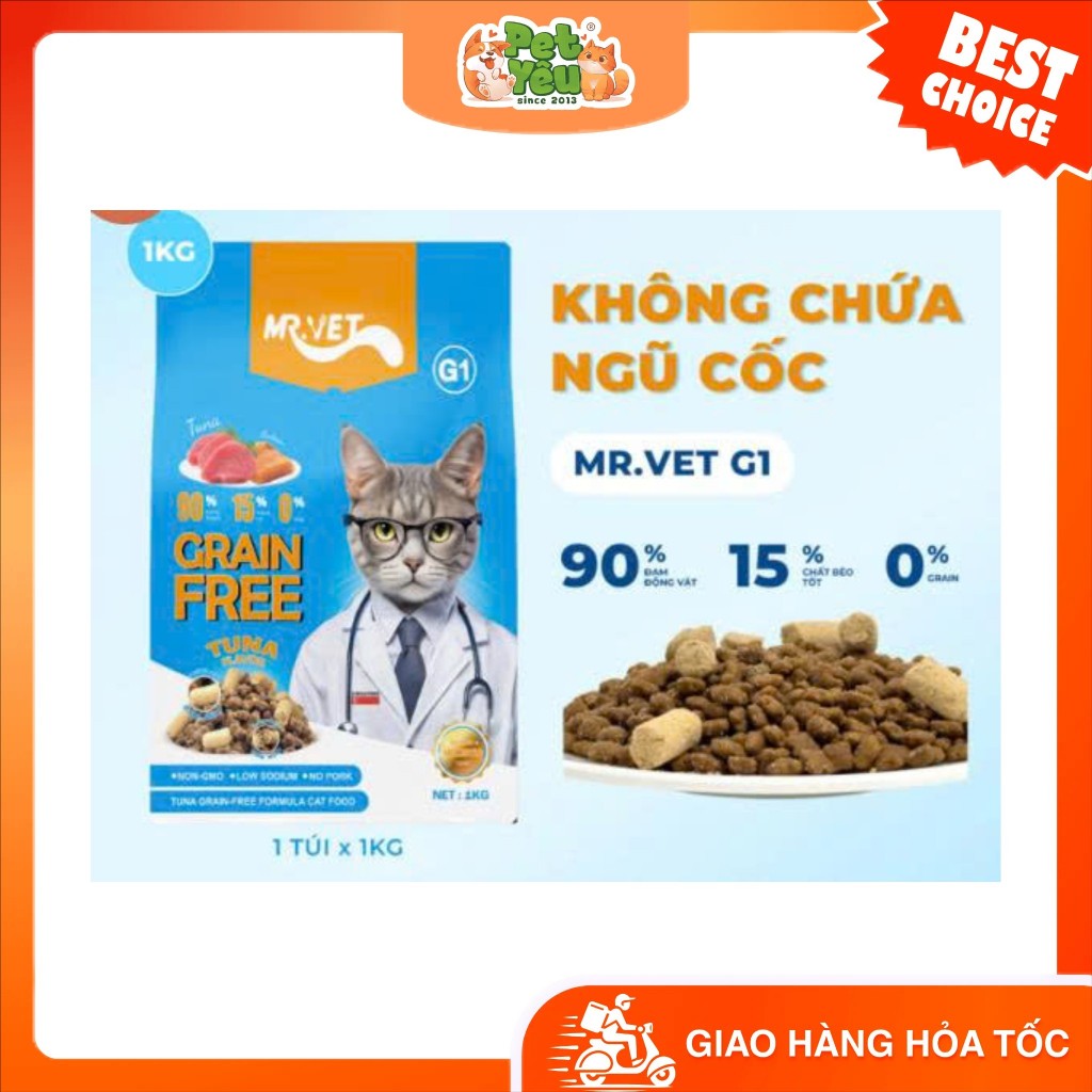 Thức Ăn Hạt Cho Mèo Mr.Vet 1kg Hạt Giàu Đạm, Hỗ Trợ Tiết Niệu Và Giúp Tiêu Búi Lông