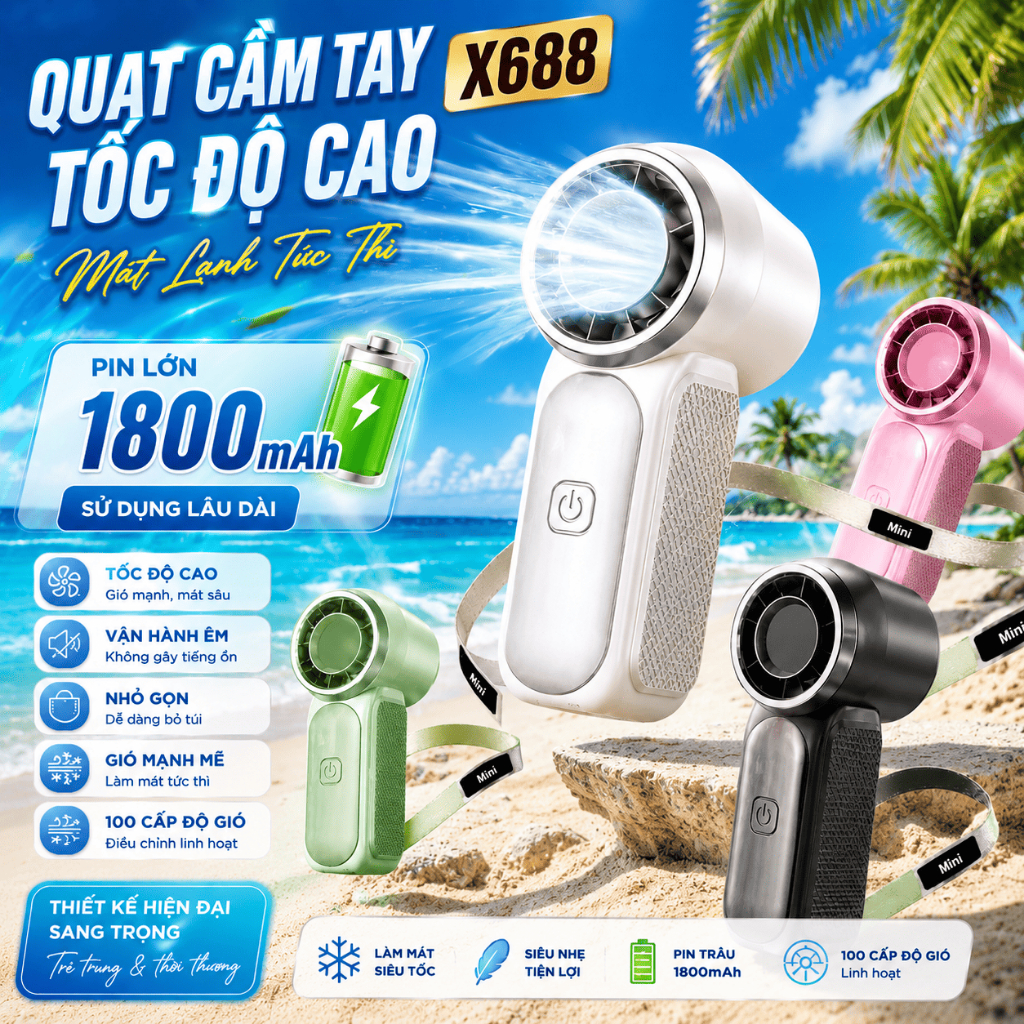 Quạt Cầm Tay Mini X688 Turbo 100 Cấp Gió Mát Lạnh Pin 1800mAh Sạc USB Nhỏ Gọn