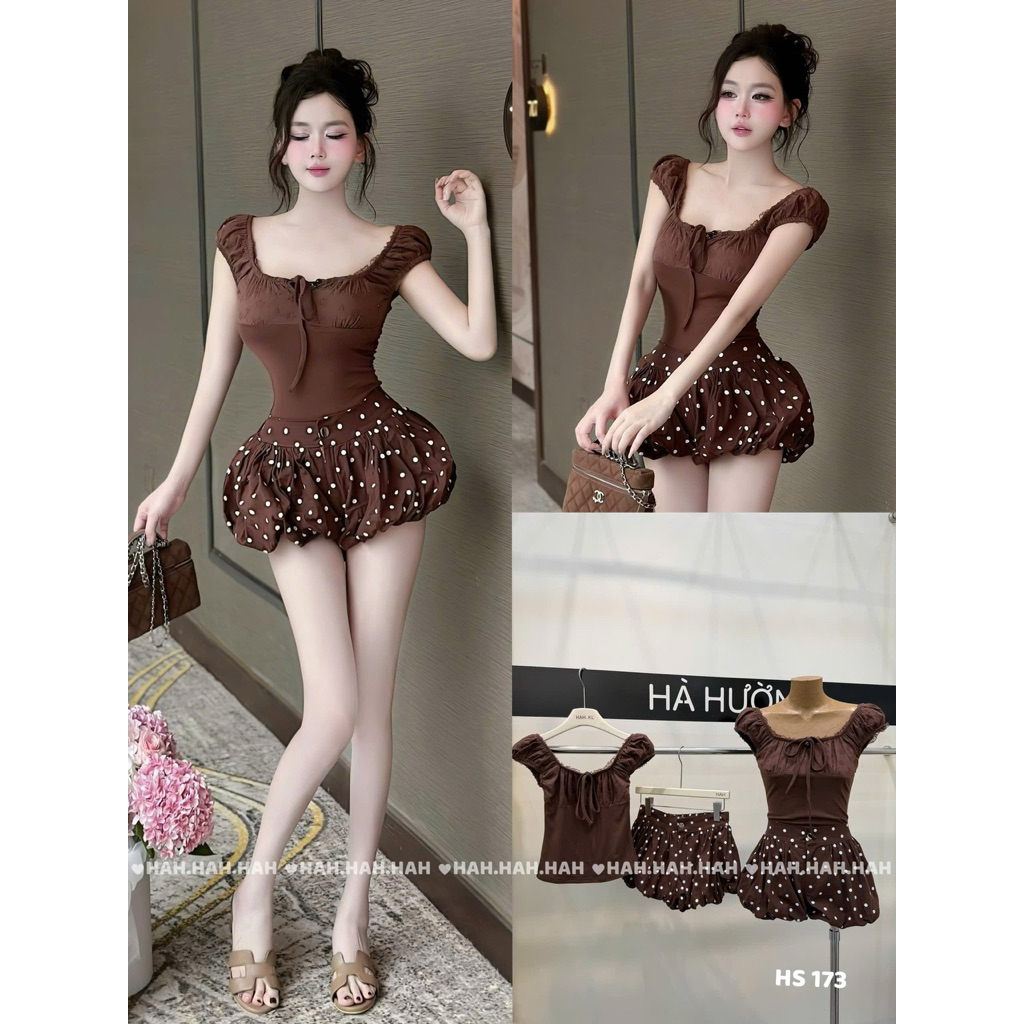 Set áo phối viền ren mix quần chấm bi chun bồng dạo phố tôn dáng
