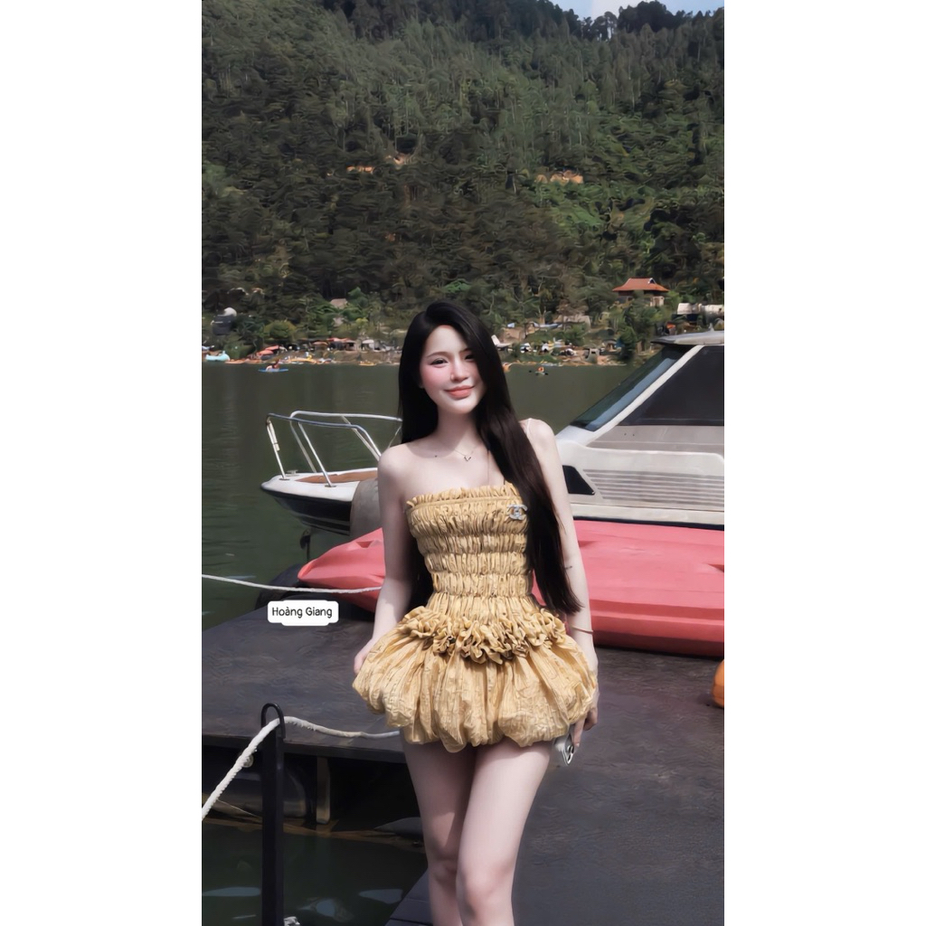 Váy quây tơ chun hoa eo chân bồng