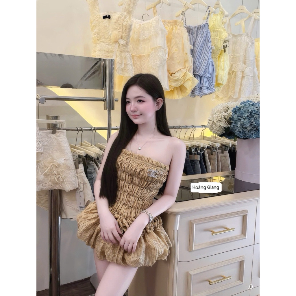 Váy quây tơ chun hoa eo chân bồng