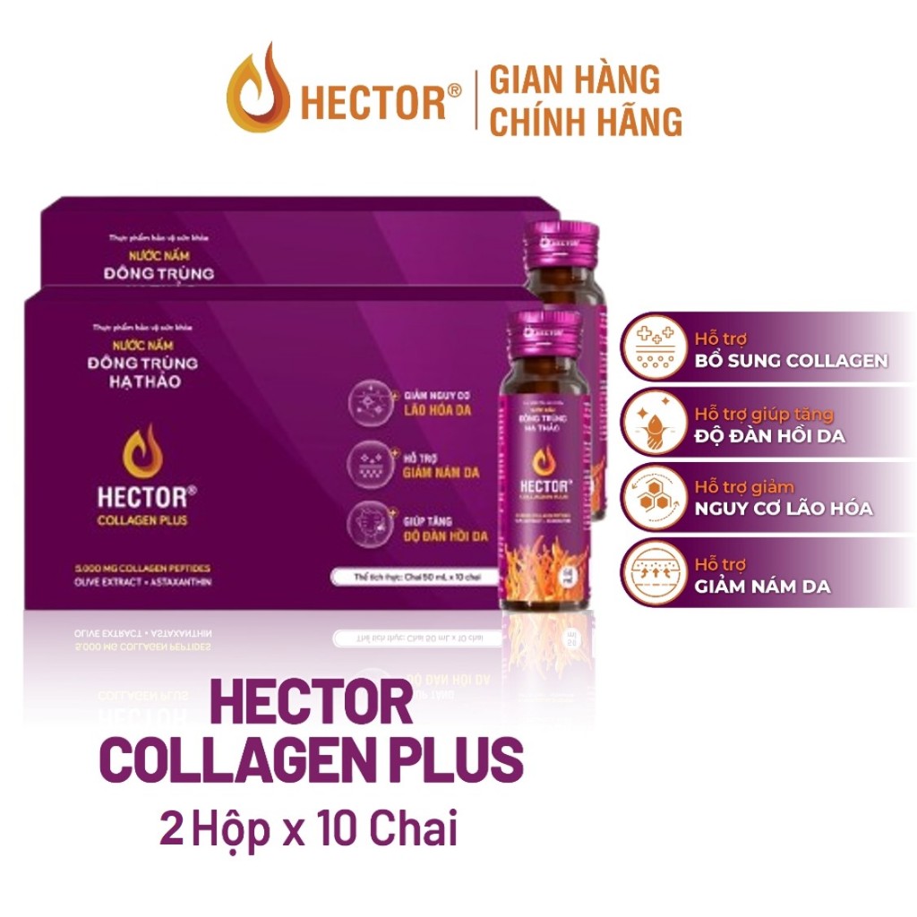 Combo 2 hộp Nước nấm đông trùng hạ thảo hector collagen plus hỗ trợ giúp giảm nám da tăng độ đàn hồi
