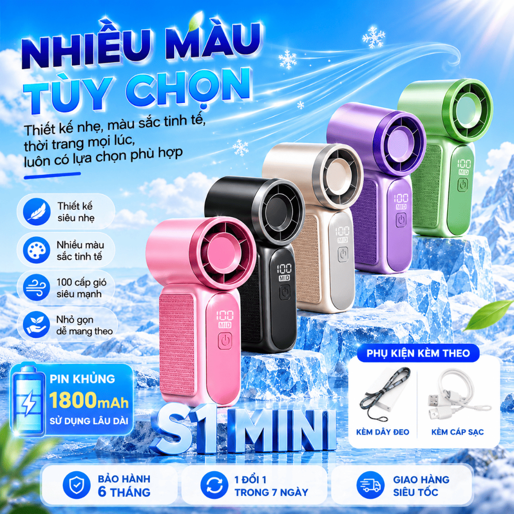 Quạt Cầm Tay Mini X688 Turbo 100 Cấp Gió Mát Lạnh Pin 1800mAh Sạc USB Nhỏ Gọn