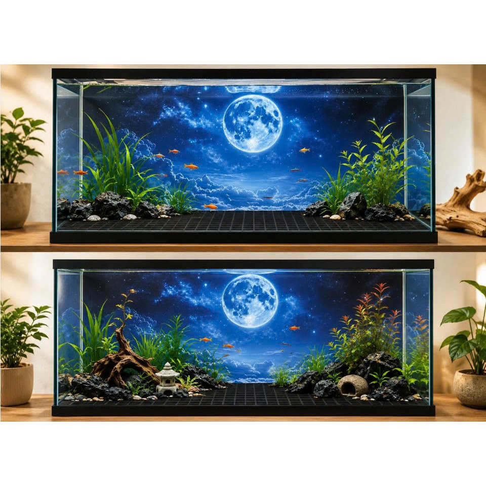 Decal tranh dán hồ cá 3D ánh trăng TH chống nước, In KTS dán dễ, gỡ dễ, có keo sẵn, nhiều kích cỡ