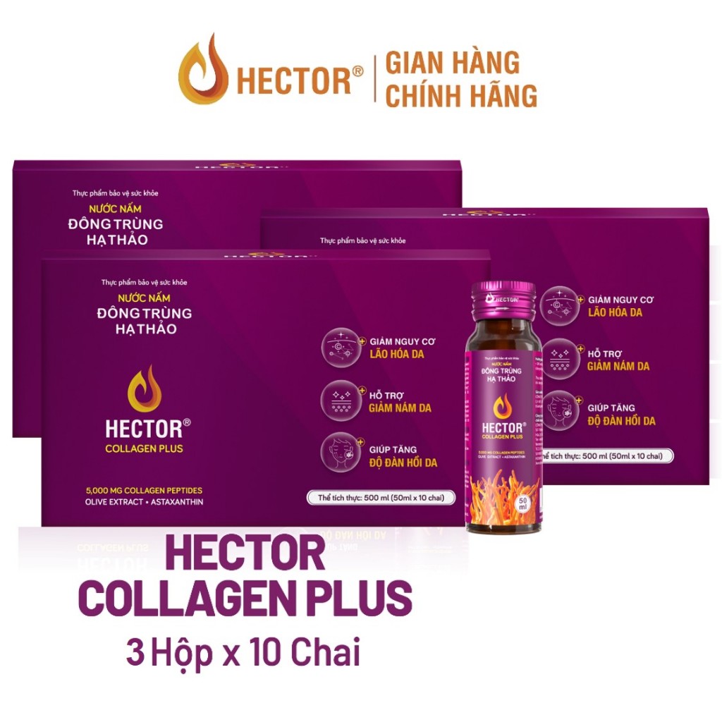 Combo 3 hộp Nước nấm đông trùng hạ thảo hector collagen plus giúp giảm nám da, tăng đàn hồi hiệu quả