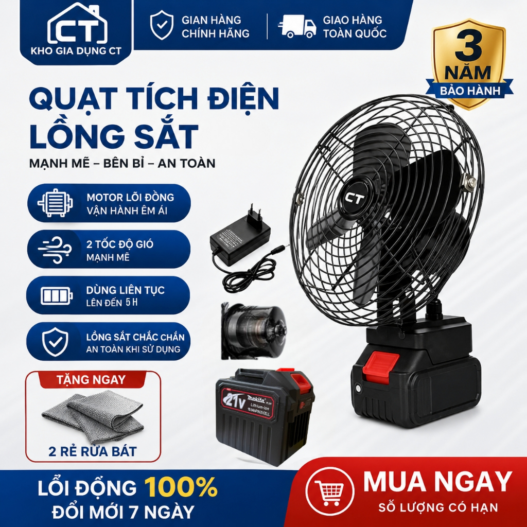 Quạt Tích Điện Lồng Sắt Pin Makita, Đế Pin 21V 2 Mức Gió,Sử Dụng 3-5 Tiếng,Kích Thước 8 Inch