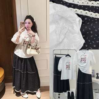 SEP House - Set áo thô boi tay lửng bồng cổ tròn phối chân váy dài midi hoa nhí viền ren trẻ trung, năng động-Hàngloại 1