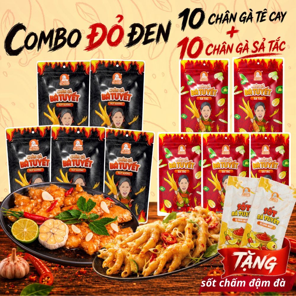 (Tặng 1 sốt chấm) COMBO ĐỎ ĐEN: 10 chân gà rút xương + 10 chân gà sả tắc - ĂN CÙNG BÀ TUYẾT M72