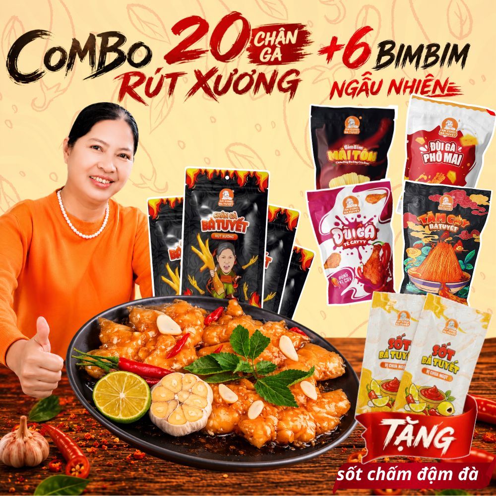 Combo 20 chân gà rút xương tê cay + 6 Gói Bimbim ngẫu nhiên (Tặng Sốt chấm + 1 Bimbim Tuyết Giòn Tan) ĂN CÙNG BÀ TUYẾT