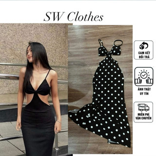 Đầm body hai dây chấm bi khoét eo hở lưng thiết kế cổ v xuông dài