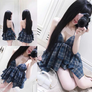 Áo kẻ 2 dây khoét ngực dáng tầng A58 SM