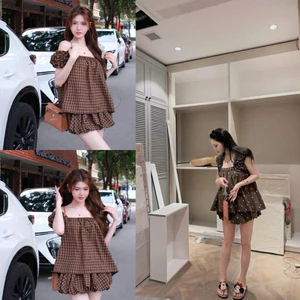 Sét áo babydoll vai chun kèm cv bí S264 SM chấm bi, kẻ ô