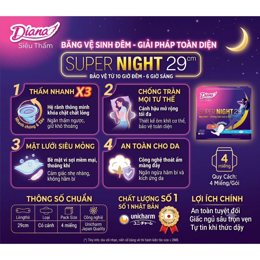 BVS DIANA SENSI SUPER NIGHT 29CM (4 MIẾNG) - GIẢI PHÁP HOÀN HẢO CHO GIẤC NGỦ SÂU