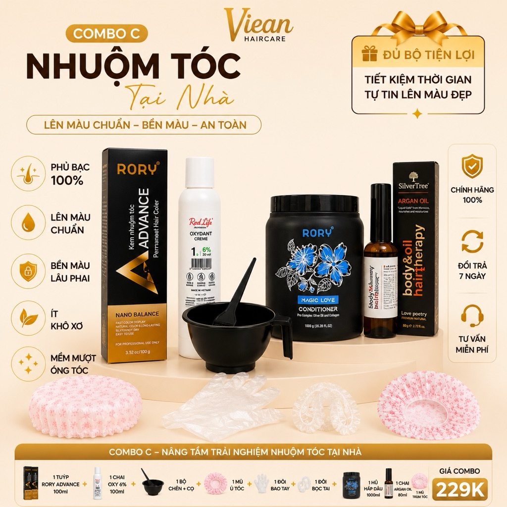 Combo Nhuộm Tóc RORY Advance 100ml Phủ Bạc 100% | Lên Màu Chuẩn, Bền Màu Ít Khô Xơ, Tự Nhuộm Tại Nhà