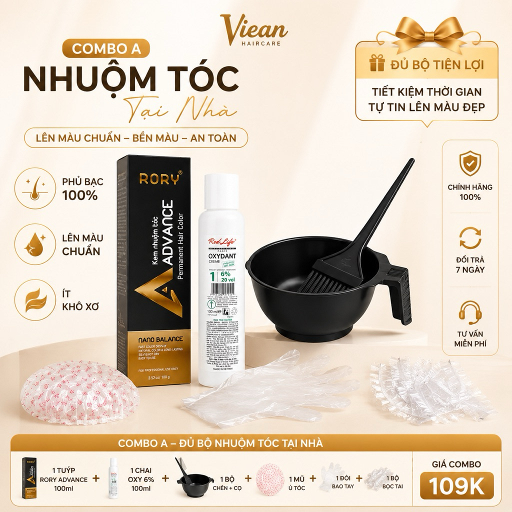 Combo Nhuộm Tóc RORY Advance 100ml Phủ Bạc 100% | Lên Màu Chuẩn, Bền Màu Ít Khô Xơ, Tự Nhuộm Tại Nhà