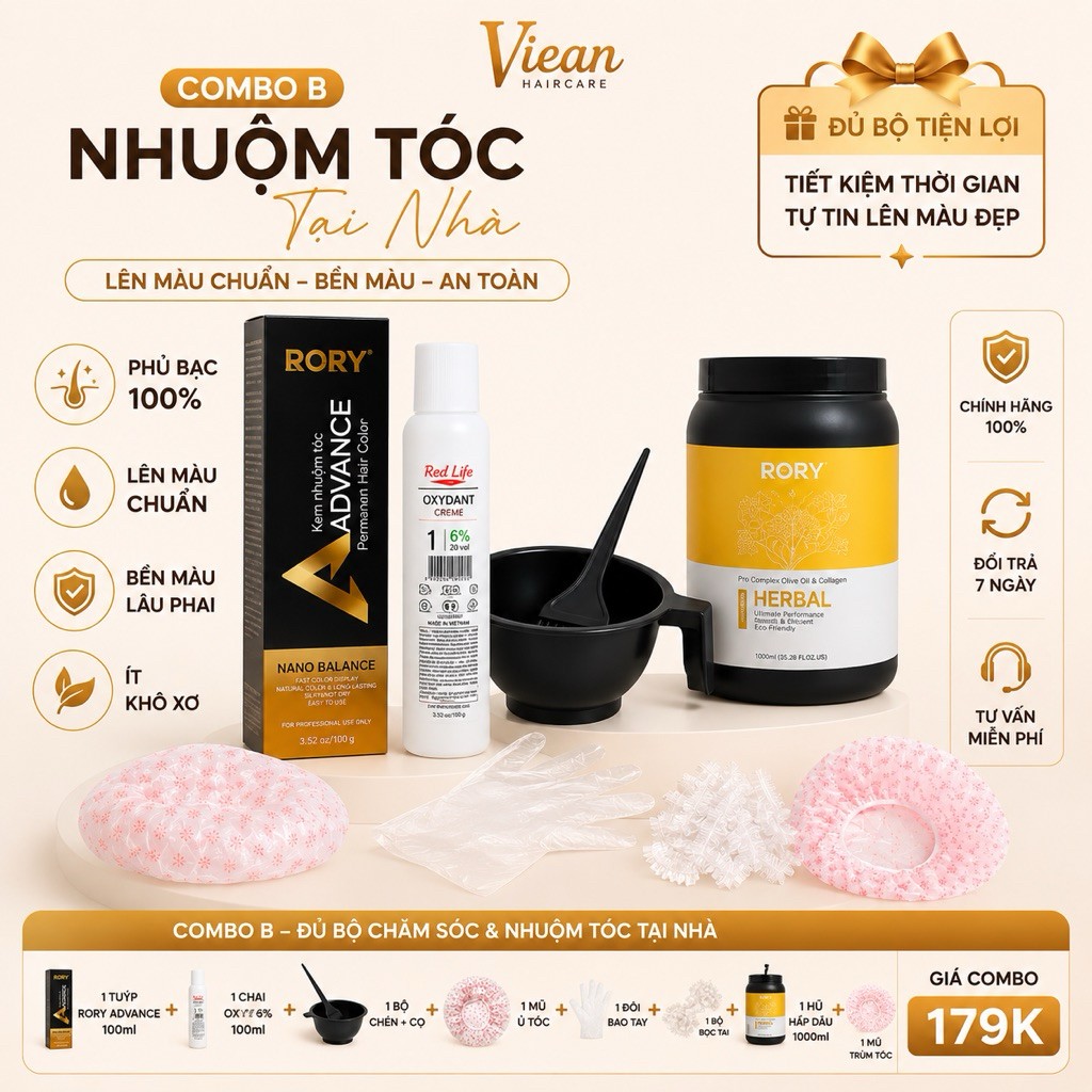 Combo Nhuộm Tóc RORY Advance 100ml Phủ Bạc 100% | Lên Màu Chuẩn, Bền Màu Ít Khô Xơ, Tự Nhuộm Tại Nhà