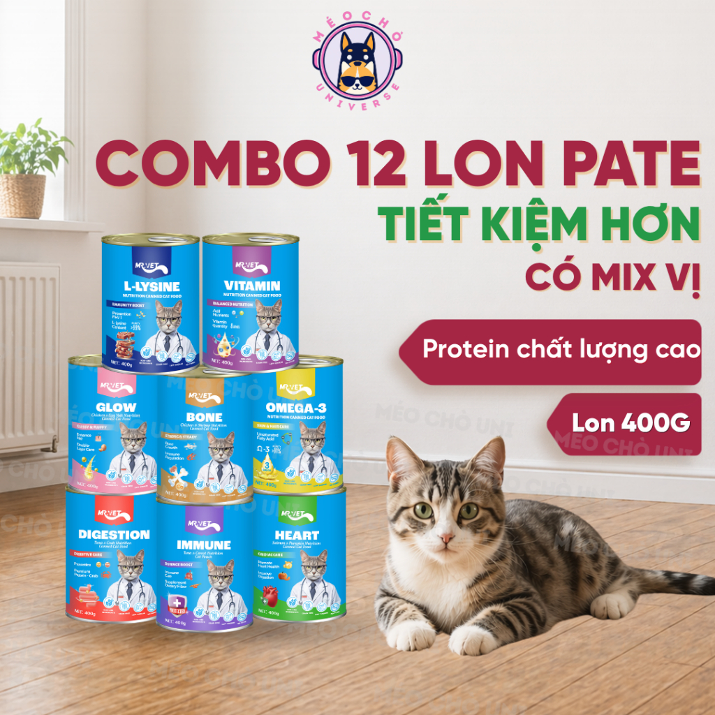COMBO 6-12 LON PATE MR.VET MIX 3 VỊ OMEGA 3/ VITAMIN/ LYSINE 400G - Pate Cho Mèo - Méo Chò Uni