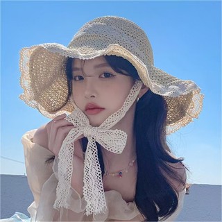 Mũ Cói Vành Rộng Viền Ren Đi Biển Chụp Ảnh Siêu Xinh Sang Chảnh, Nón Cói Chống Nắng Buộc Dây Tiện Lợi