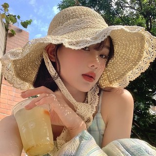 Mũ Cói Vành Rộng Viền Ren Đi Biển Chụp Ảnh Siêu Xinh Sang Chảnh, Nón Cói Chống Nắng Buộc Dây Tiện Lợi
