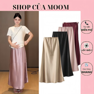 [Nhà Moom]Chân Váy Lụa Suông, chất liệu Lụa Tráng Gương Cao Cấp Mềm Nhẹ, thiết kế dây chỉnh bụng cho Mẹ Bầu