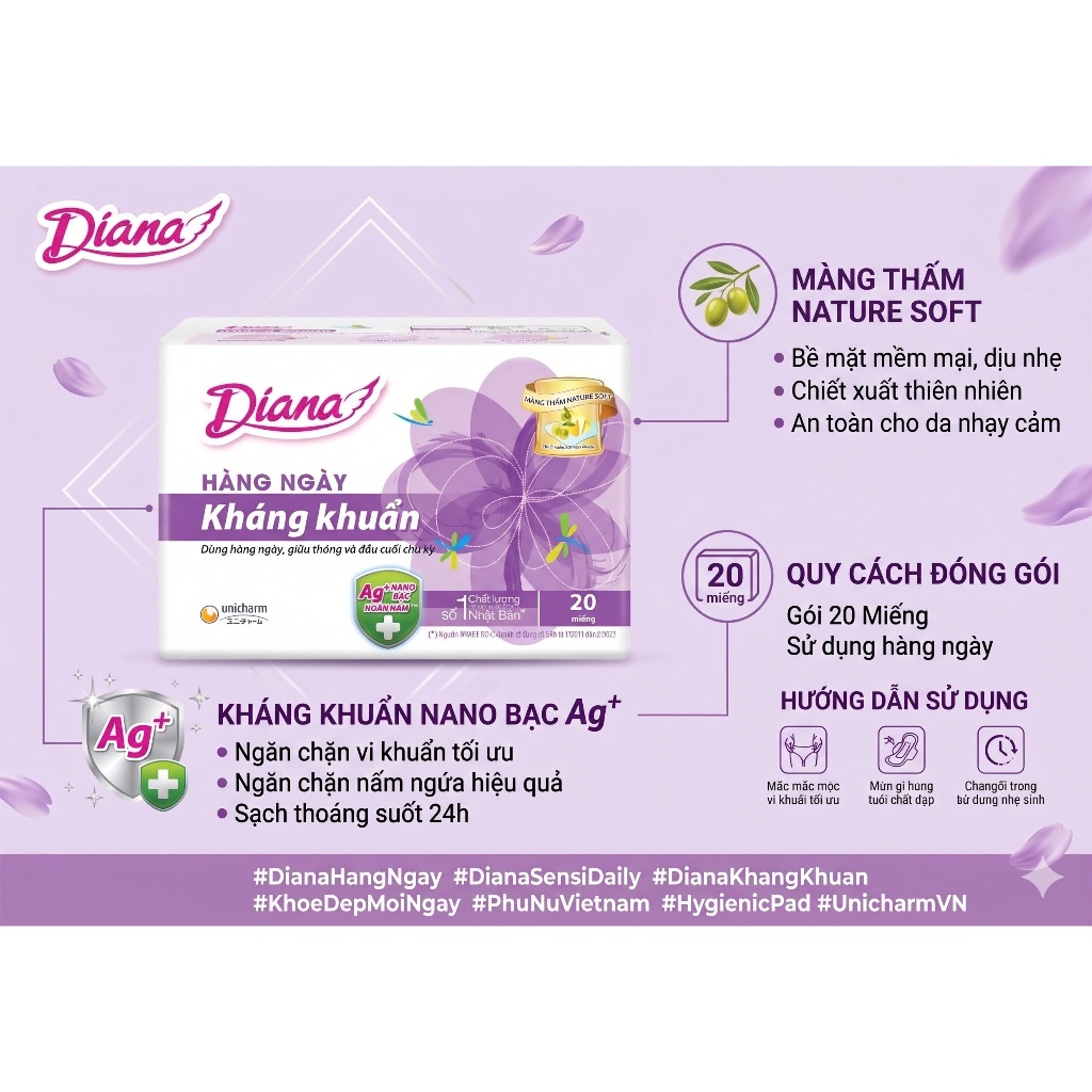 BVS HÀNG NGÀY DIANA KHÁNG KHUẨN 20 MIẾNG – SẠCH THOÁNG BẢO VỆ 24/7