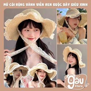 Mũ Cói Vành Rộng Viền Ren Đi Biển Chụp Ảnh Siêu Xinh Sang Chảnh, Nón Cói Chống Nắng Buộc Dây Tiện Lợi