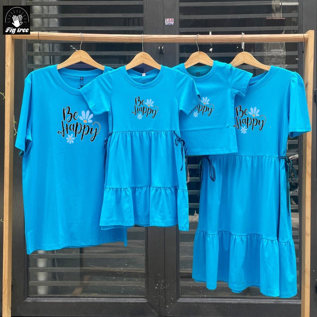 Áo Gia Đình Màu Xanh Ngọc Be Happy Chất Thun Cotton Dày Dặn, Mẹ và bé váy babydoll nơ eo cực xinh